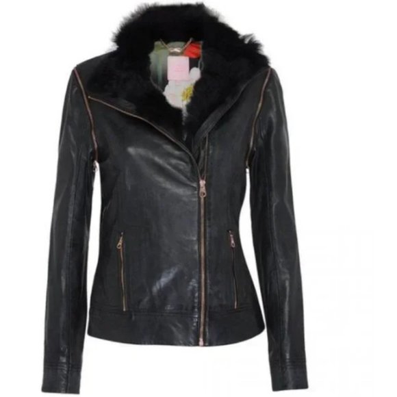 Ted Baker Tirely Furrly Detachable Sleeve Black Leather Jacket vest size 1 nwot - Picture 2 of 15